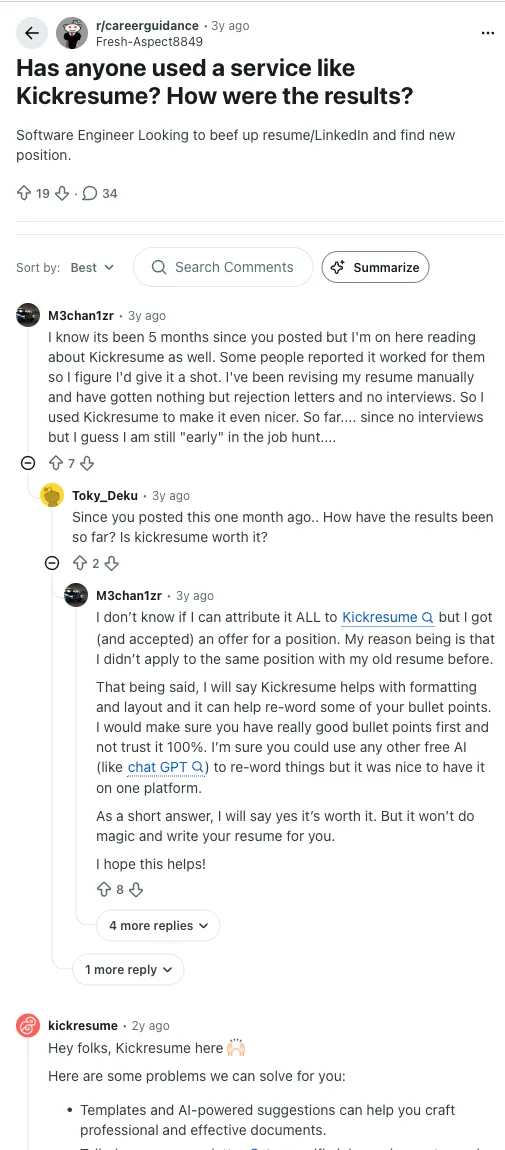 Reddit thread asking whether Kickresume is worth it, with mixed user experiences in the comments