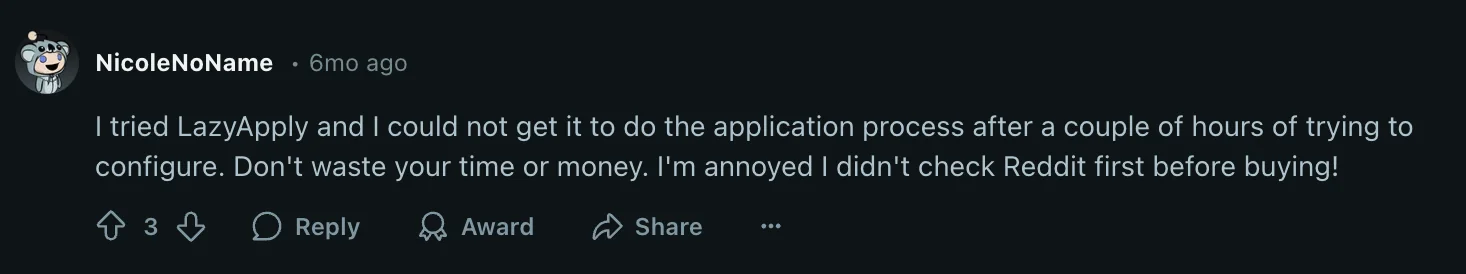 Reddit user sharing experience with LazyApply form filling errors