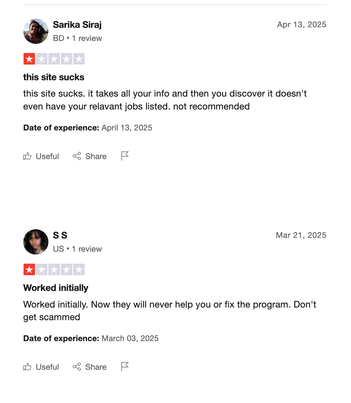 Trustpilot review showing LazyApply user complaint about software quality