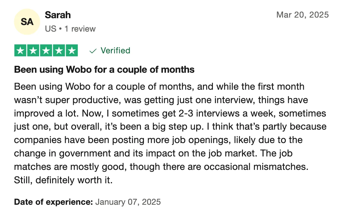 User feedback praising Wobo AI personalized job matching accuracy