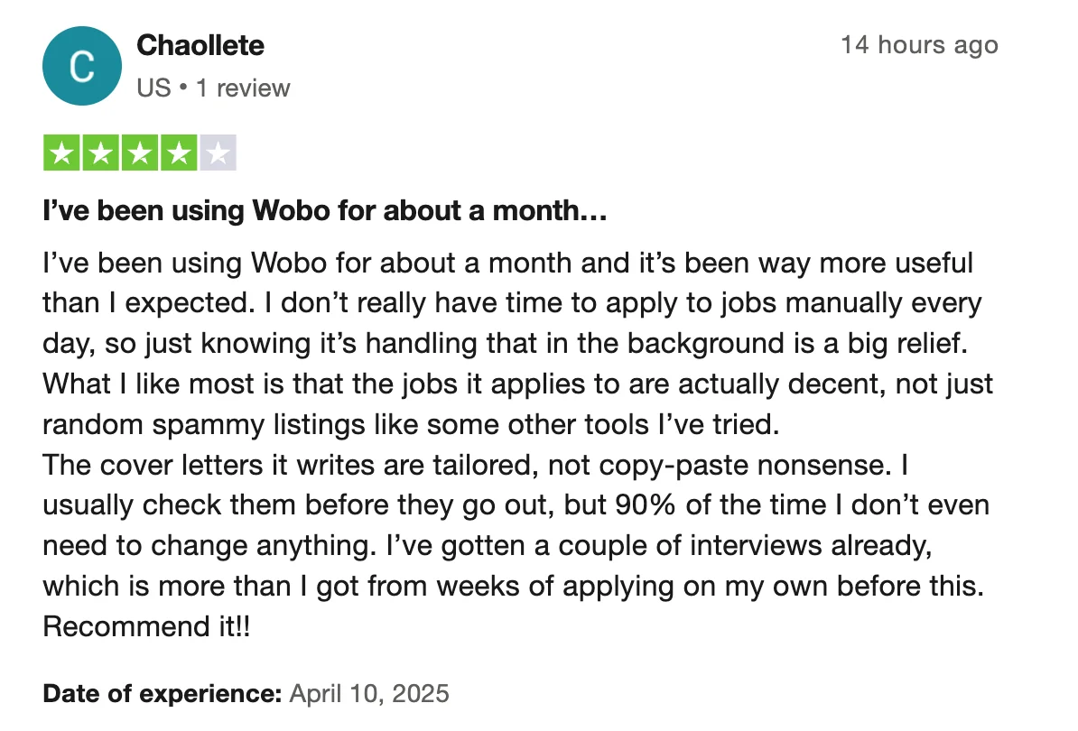 Positive Wobo AI user review highlighting successful job placement