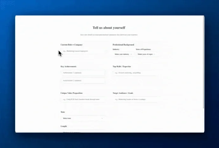 LinkedIn summary generator interface with input fields for professional details and career goals