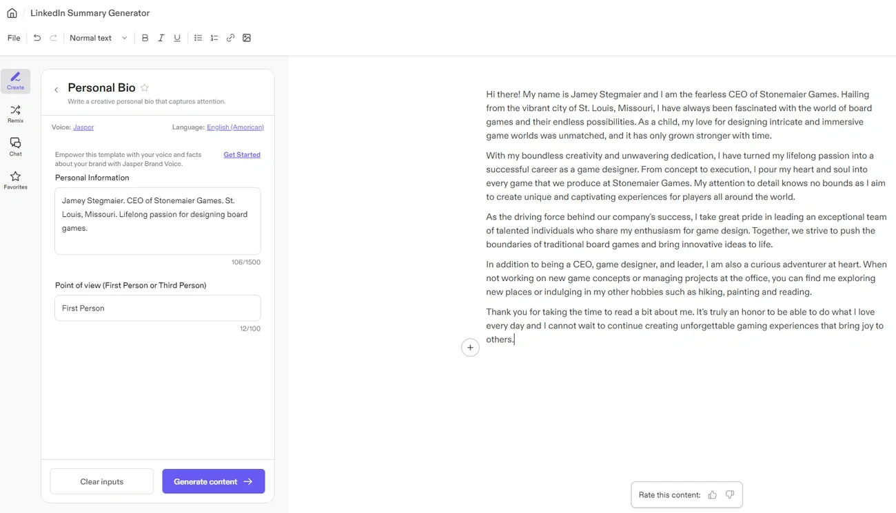 AI-powered LinkedIn bio generator creating personalized professional summary