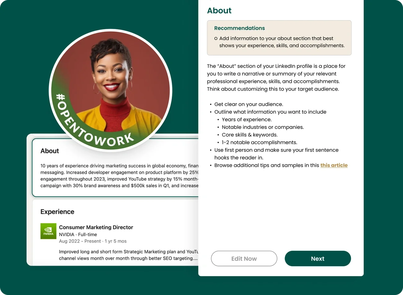 LinkedIn summary customization screen demonstrating tone and style options