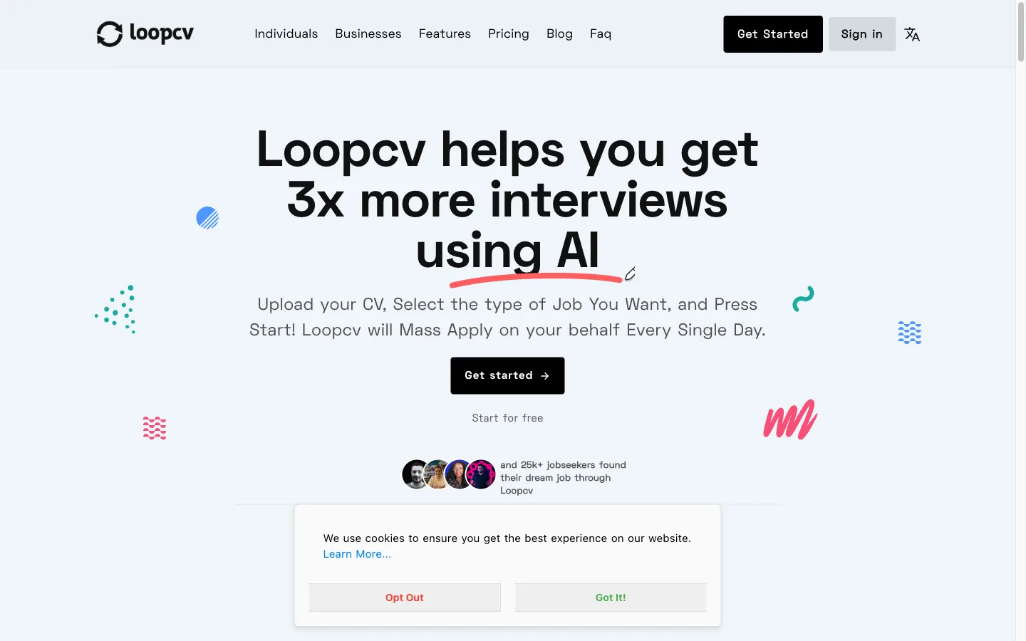 LoopCV homepage hero showing AI job search automation and auto-apply to 1,000+ jobs claim