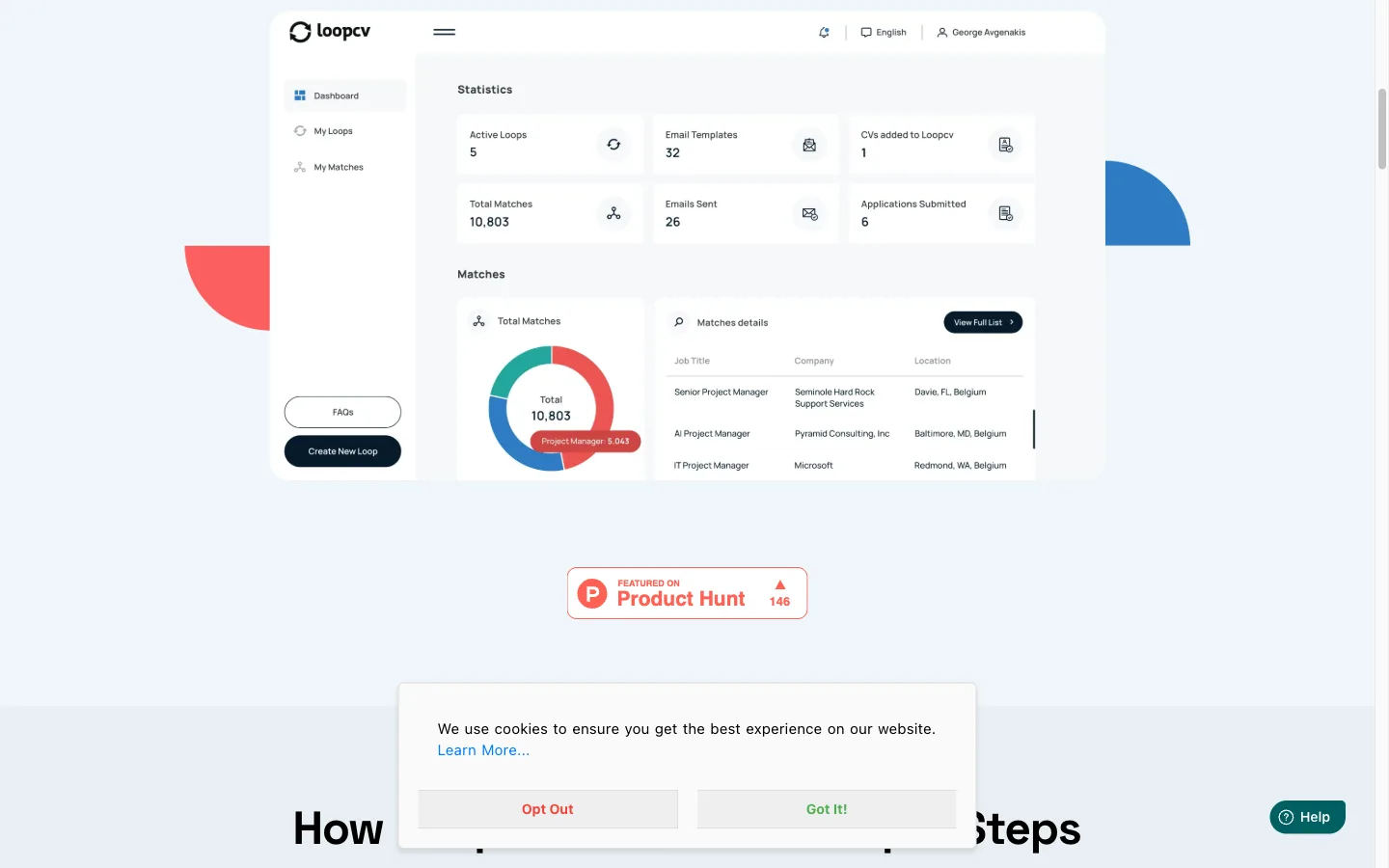 LoopCV homepage explaining how loops work as keyword and city job hunting robots