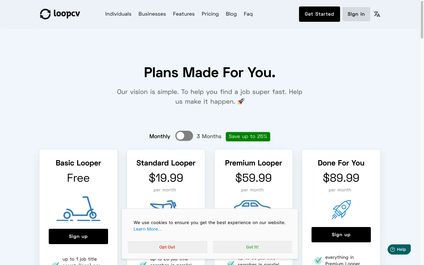 LoopCV pricing page hero showing Free Forever plan and €9.99 per month upgrade headline
