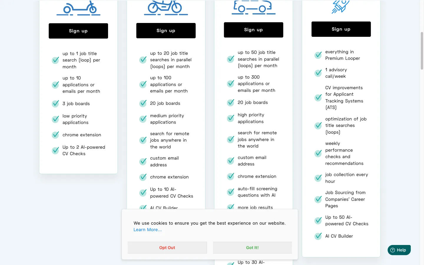 LoopCV pricing plans comparison showing Free, Standard, and Premium Looper tiers