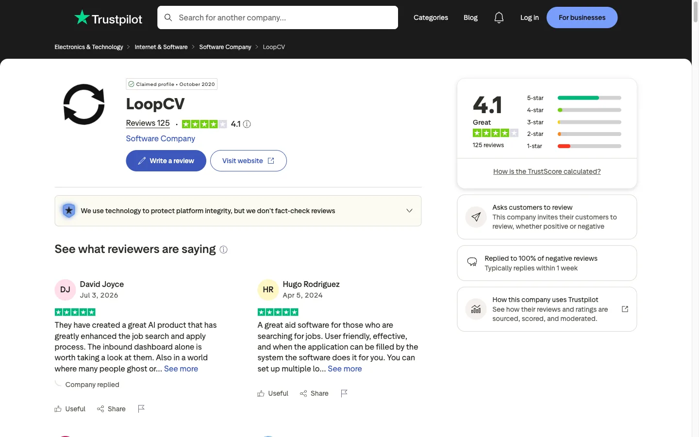 Trustpilot review page showing LoopCV rated 4.1 out of 5 from approximately 125 reviews