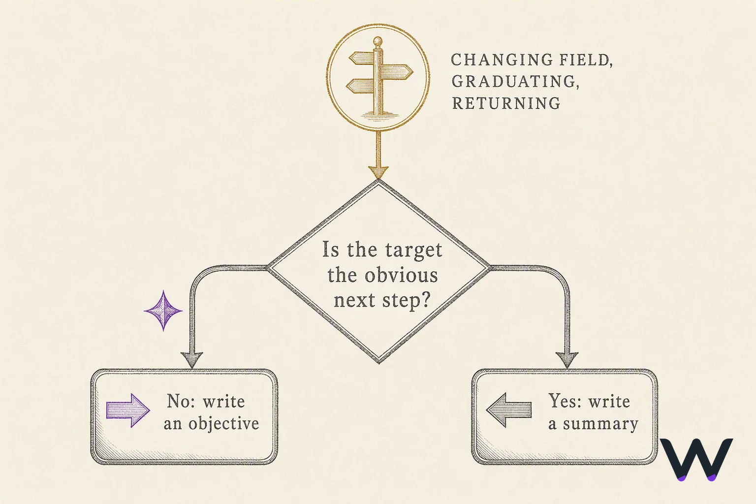 Decision diagram: a single question about whether the target job is the obvious next step from your last role, branching left to an objective for career changers, graduates, returners and relocators, and right to a summary that argues from accomplishments.