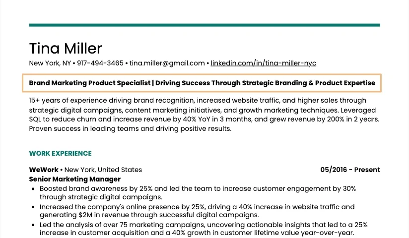 Role-specific resume title example highlighting developer skills and specializations