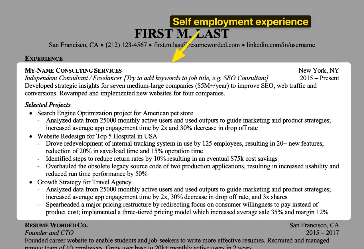 Freelancer resume title showcasing specialized expertise and client results
