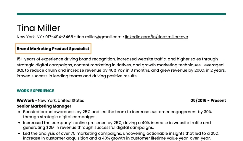 Metric-based resume title with quantifiable achievements and performance numbers
