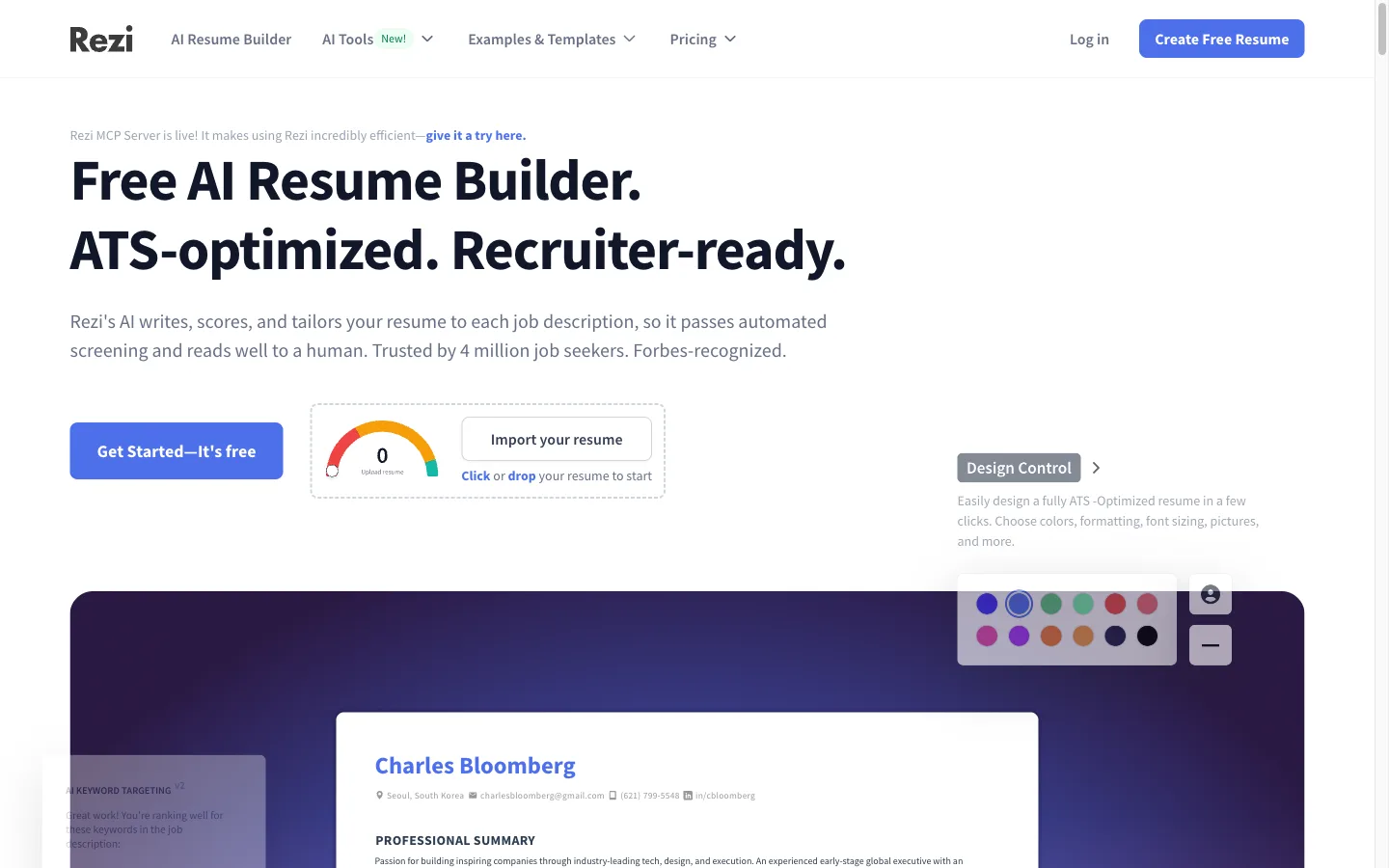Rezi homepage hero claiming a free AI resume builder with 4.3M users and ATS optimization