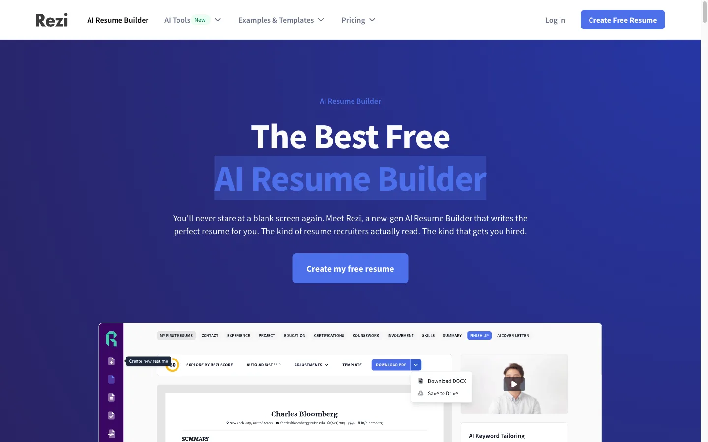 Rezi AI Resume Builder feature page showing the editor and AI writing tools