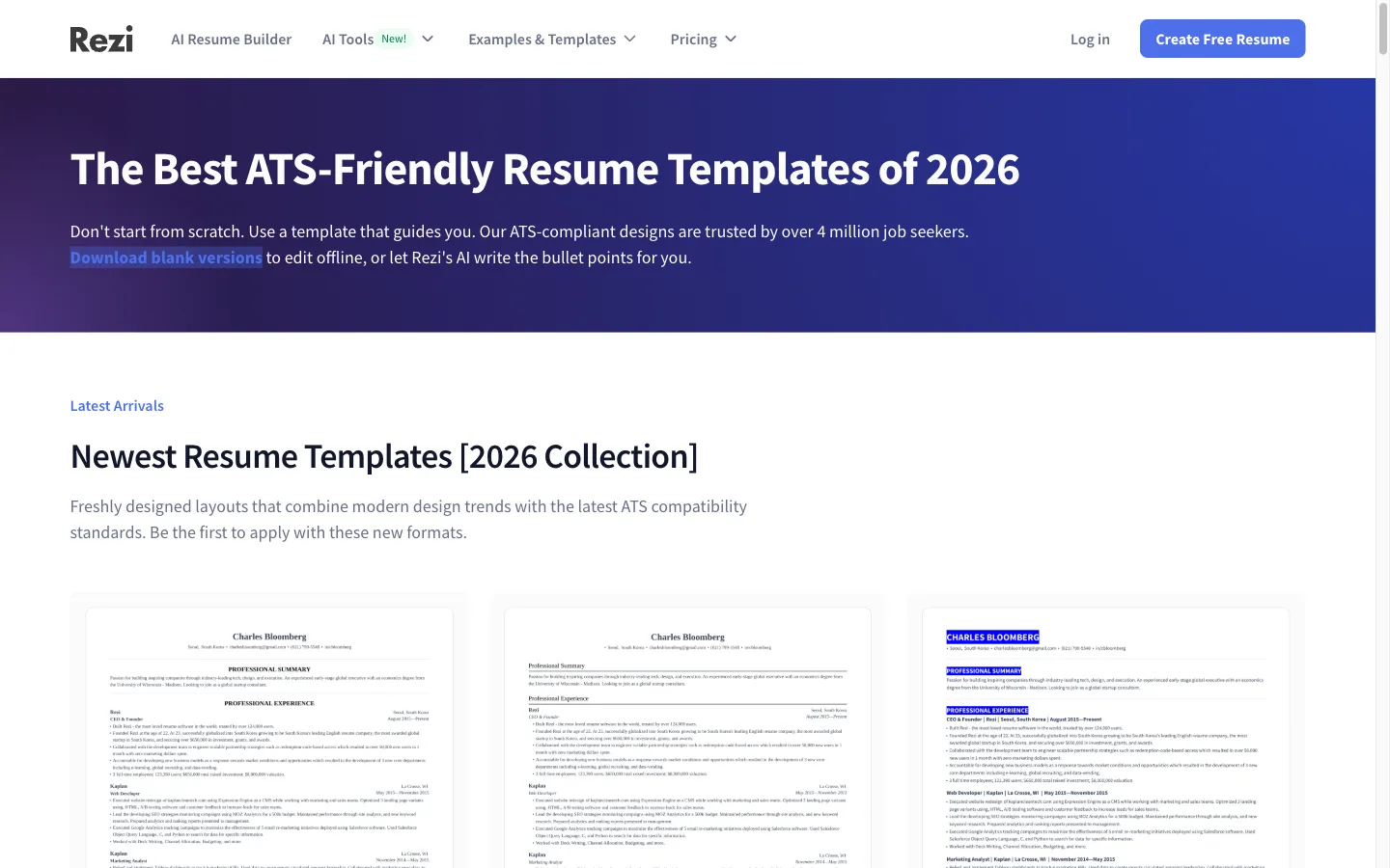 Rezi ATS resume templates gallery showing clean single-column designs