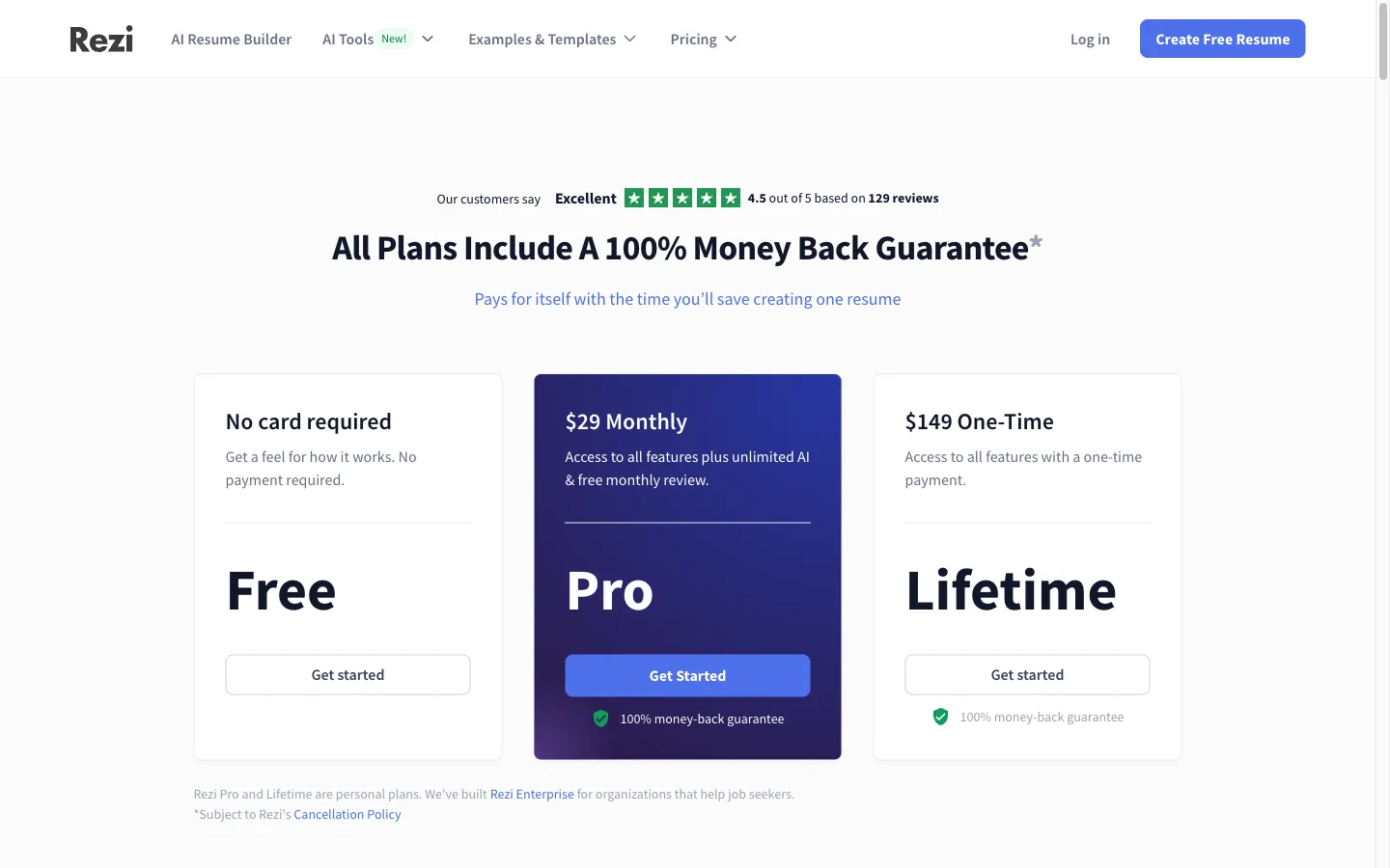 Rezi pricing page hero promising a 30-day money back guarantee on all plans