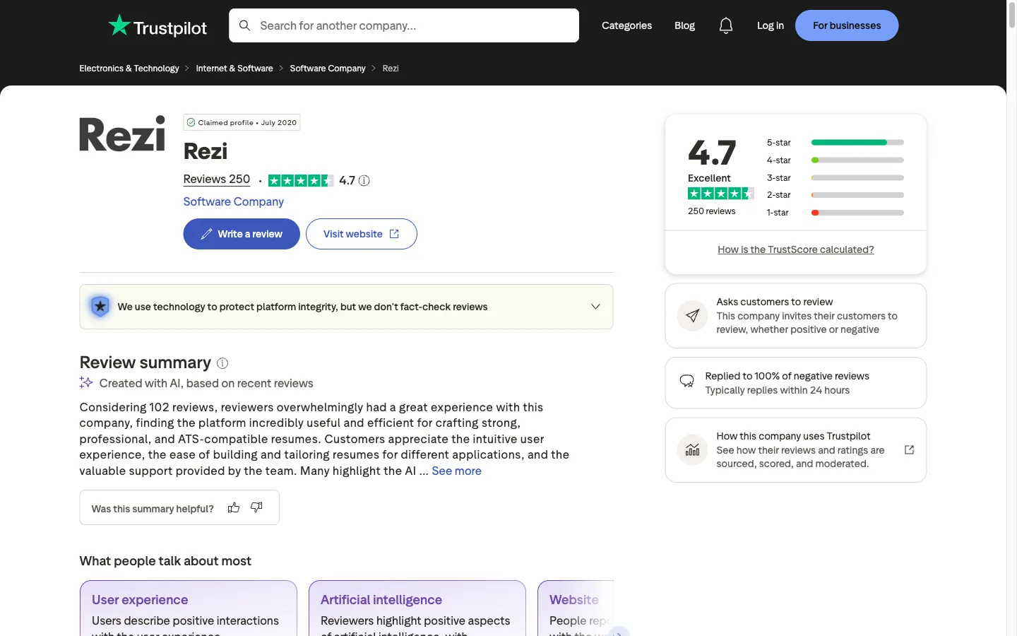 Trustpilot header for Rezi showing a 4.7 rating from around 250 reviews