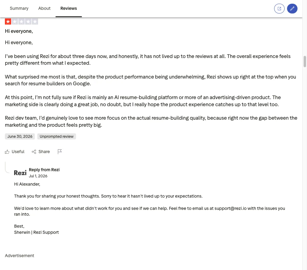 Trustpilot review screenshot showing Rezi user complaints about billing and download paywalls