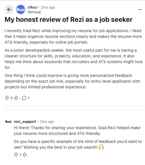Reddit post titled My honest review of Rezi as a job seeker, praising structure but asking for more personalized feedback