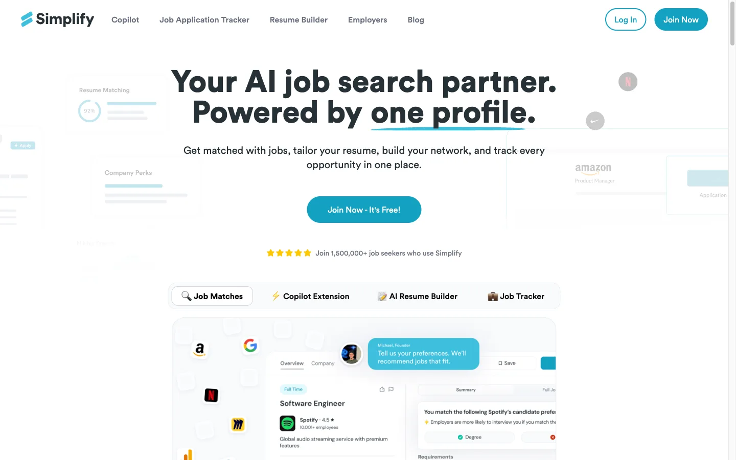 Simplify jobs review: homepage of the AI job search platform showing its autofill and job tracking pitch