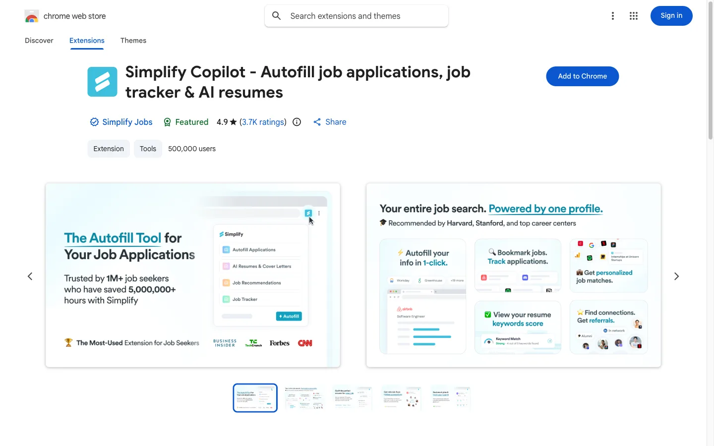Simplify Copilot listing on the Chrome Web Store with a 4.9 rating and 500K+ users