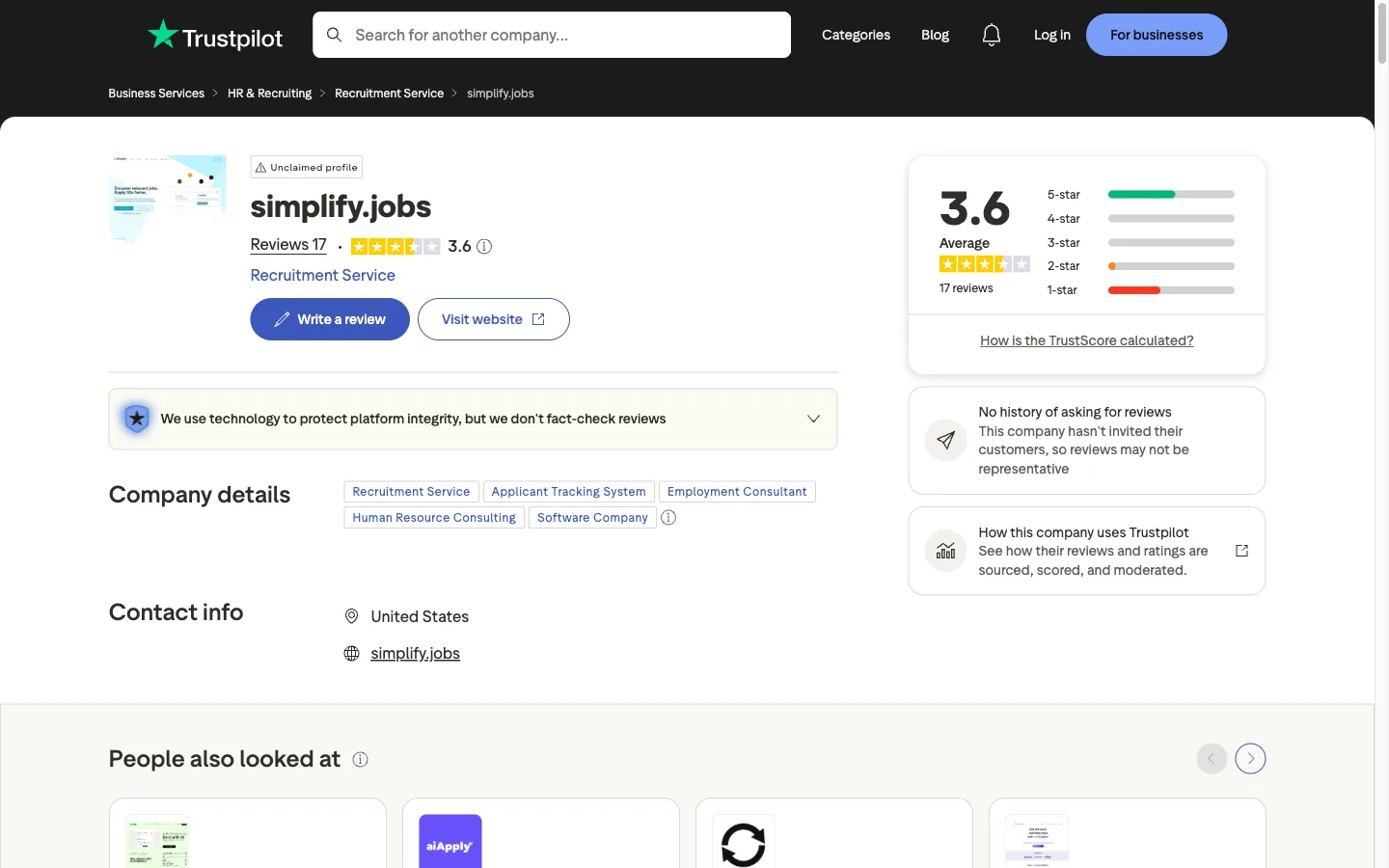 Trustpilot page header showing Simplify rated 3.6 out of 5, far below its Chrome Web Store score