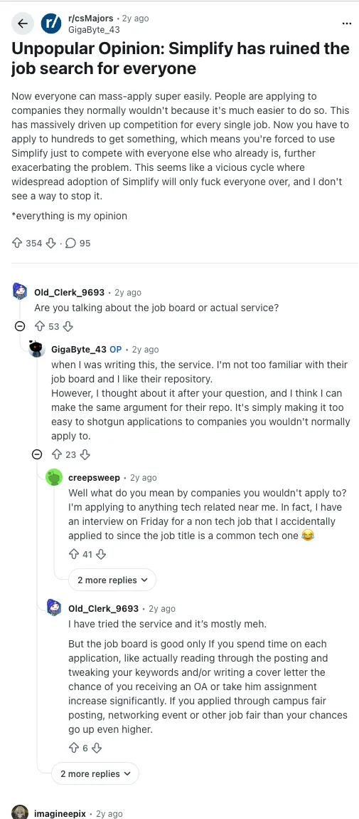Reddit r/csMajors thread titled Unpopular Opinion: Simplify has ruined the job search for everyone
