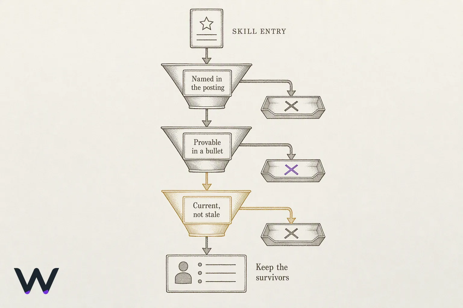 A decision diagram where a single skill entry passes through three gates in sequence, with a keep path continuing to a short list and a cut path falling away at each gate.