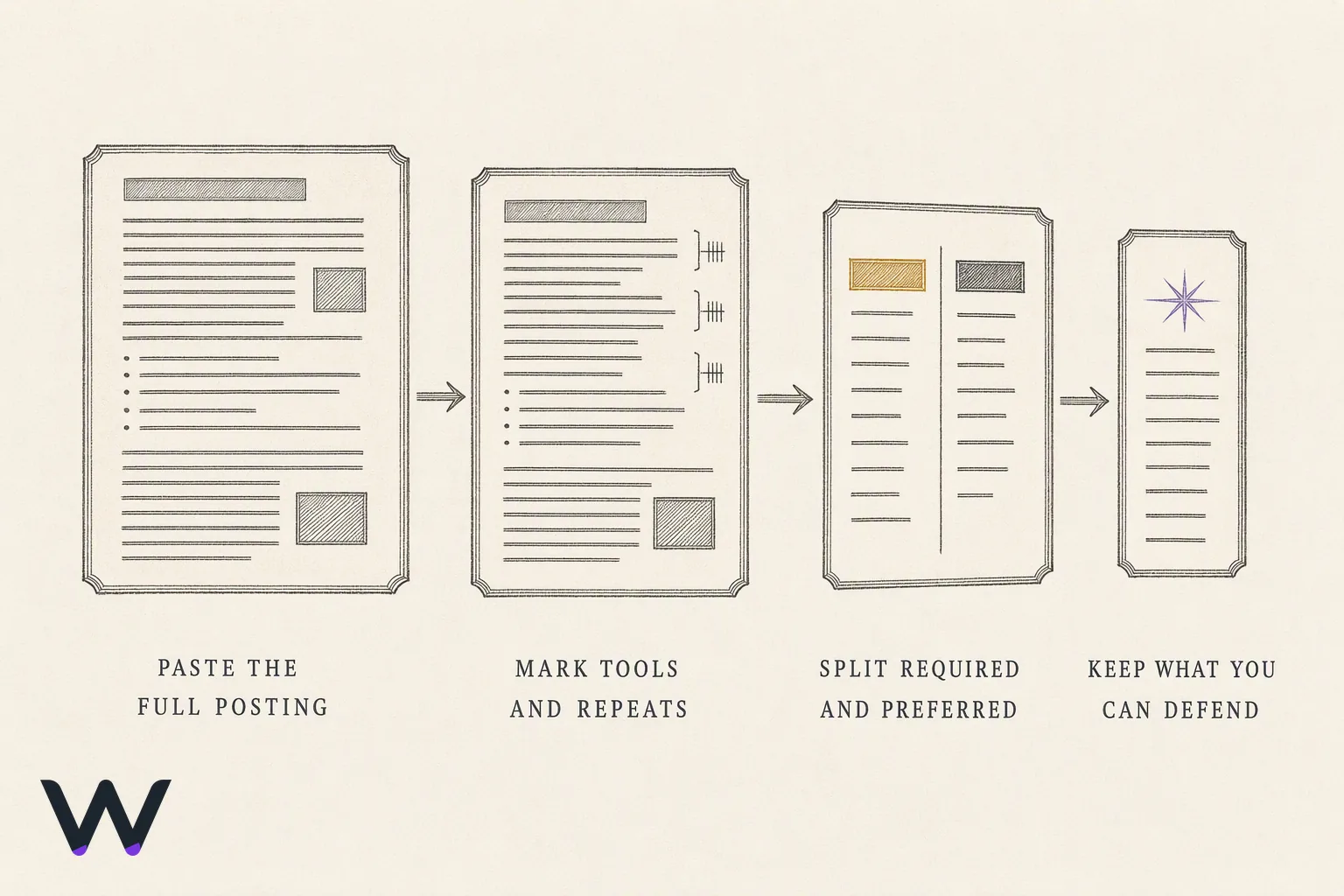 A left-to-right flow diagram narrowing through four stages: a full posting, a marked-up copy, a split pile of required and preferred terms, and a short final list.