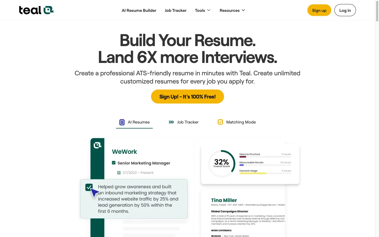 Teal homepage hero promising to land 6x more interviews with AI resume and job tracker tabs