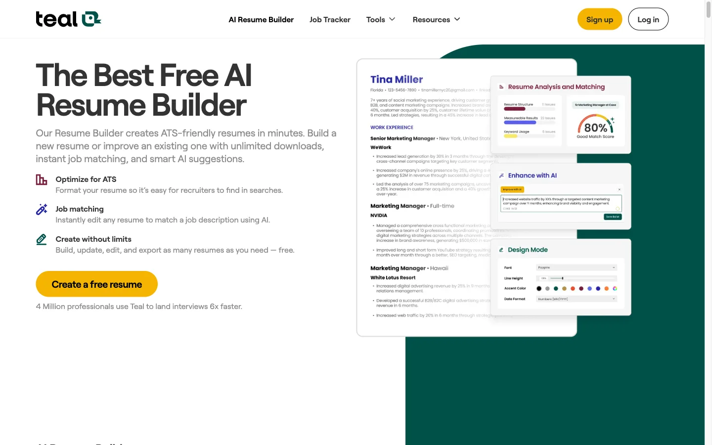 Teal AI Resume Builder feature page showing the free resume builder marketing