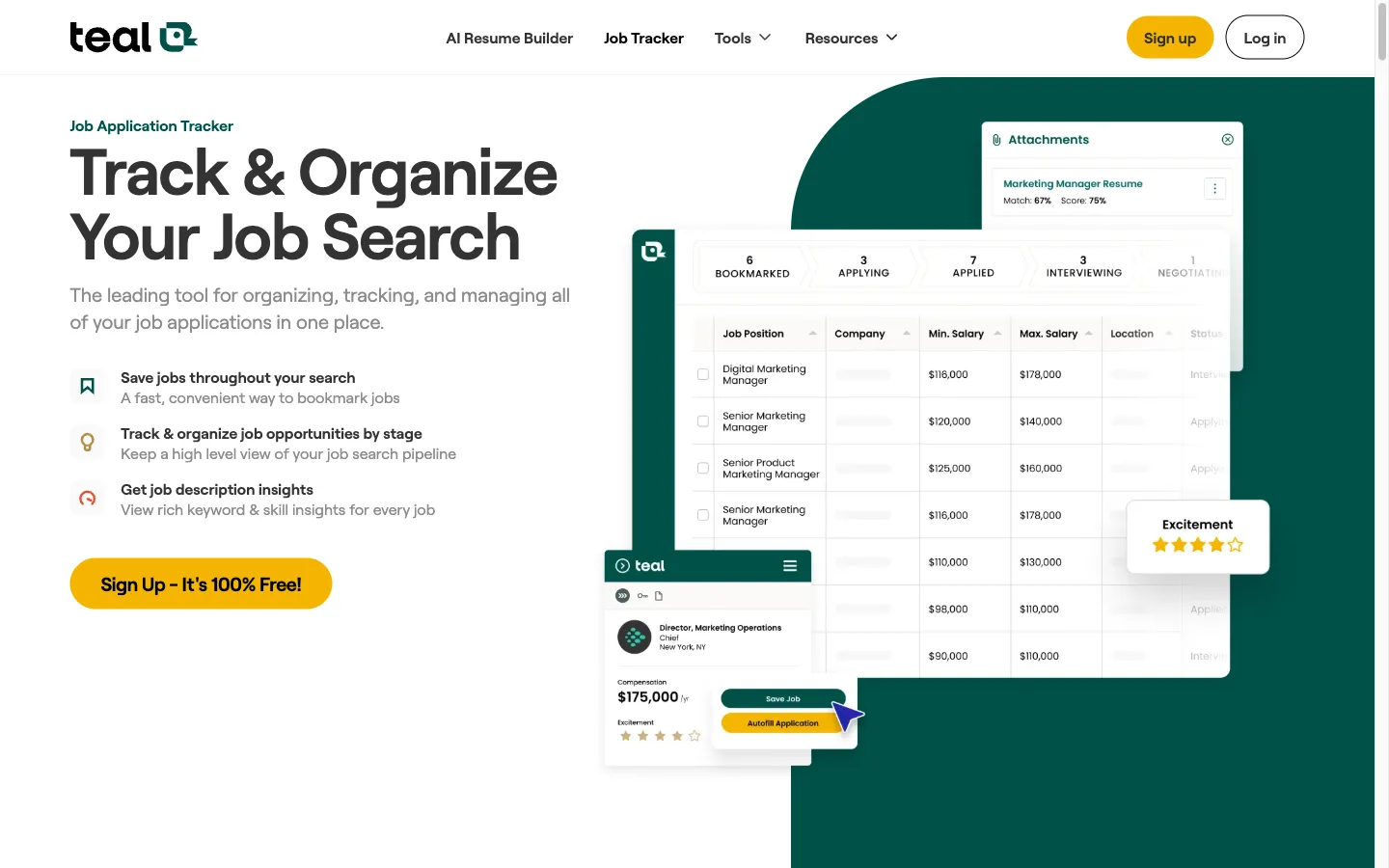 Teal job application tracker feature page with kanban-style pipeline for saved jobs