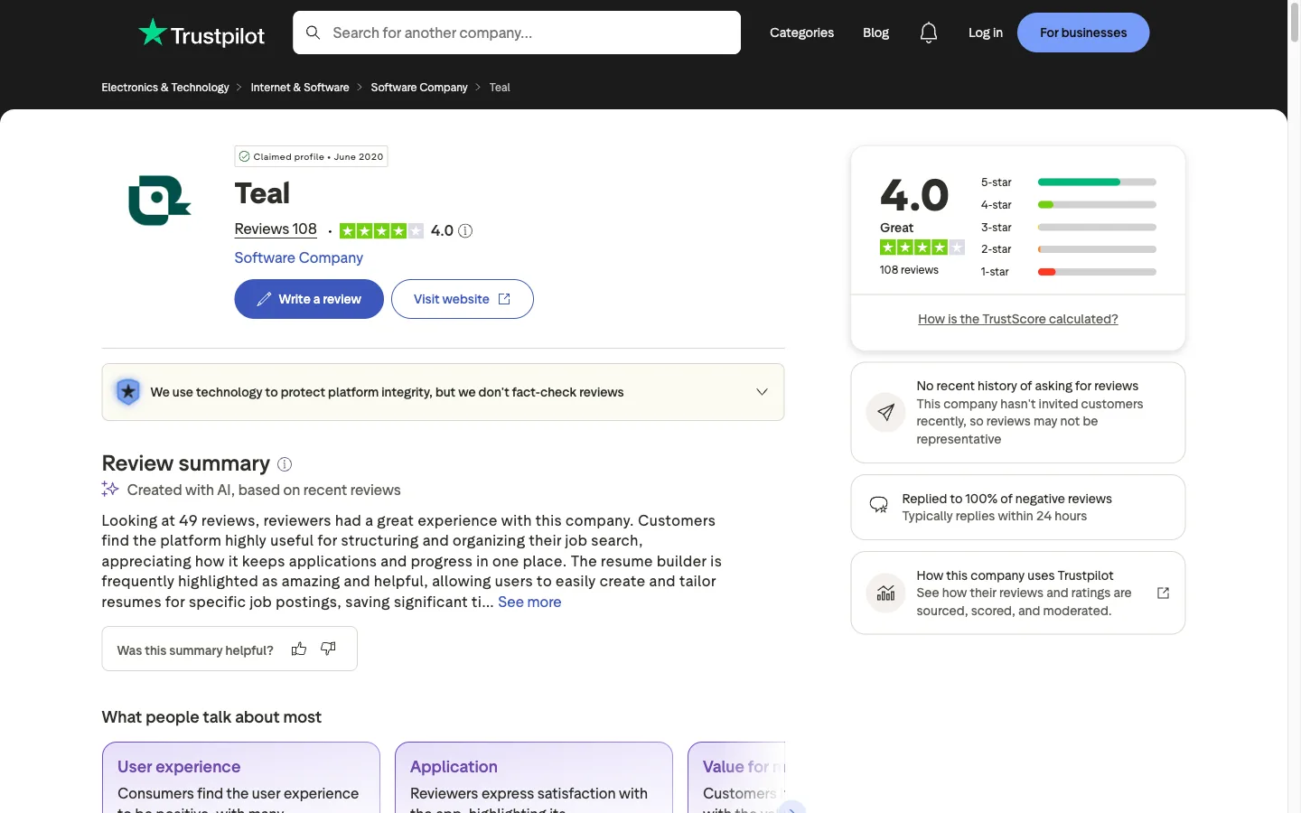 Trustpilot header showing Teal rated 4.0 Great from 108 reviews with clean integrity panels