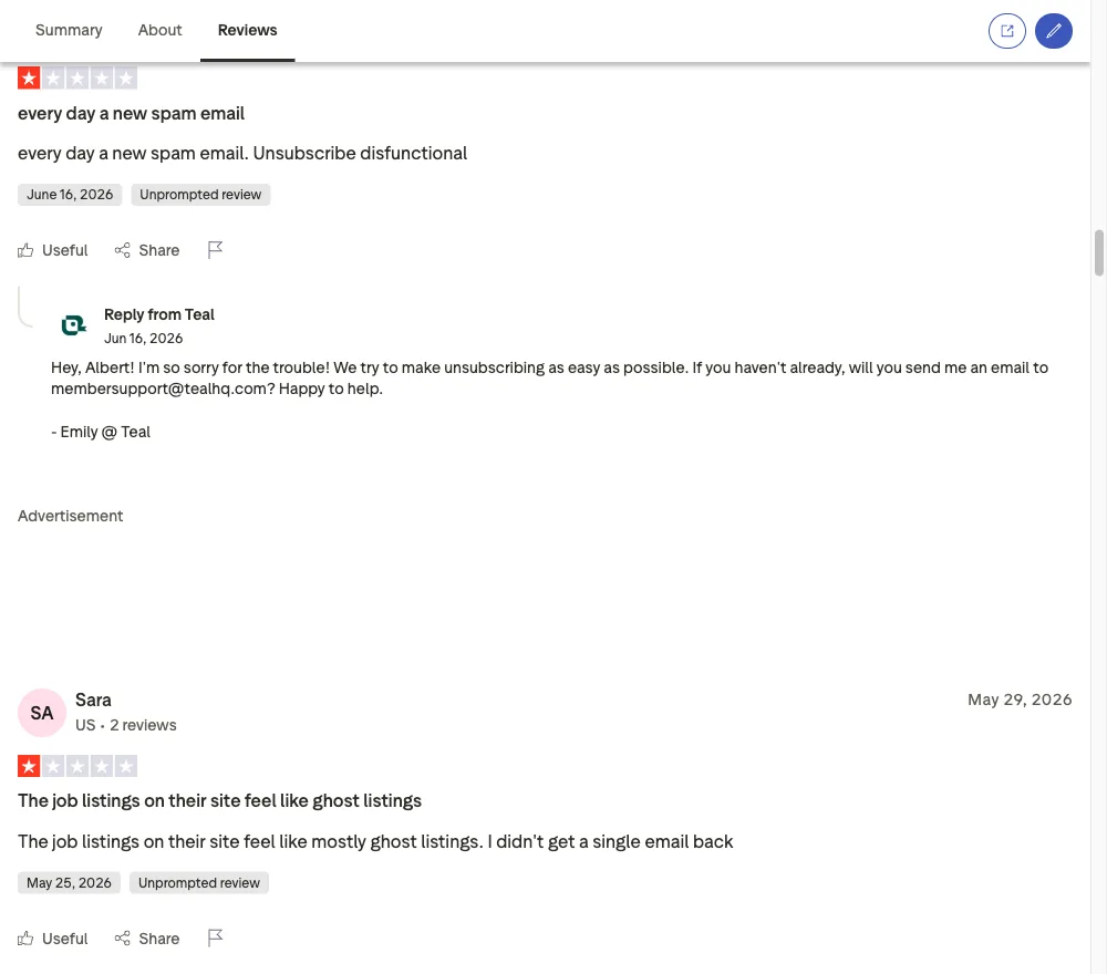 Trustpilot review screenshot showing Teal user complaints about billing and cancellation problems