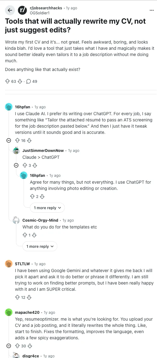 Reddit thread screenshot where job seekers discuss using Teal for resume rewriting