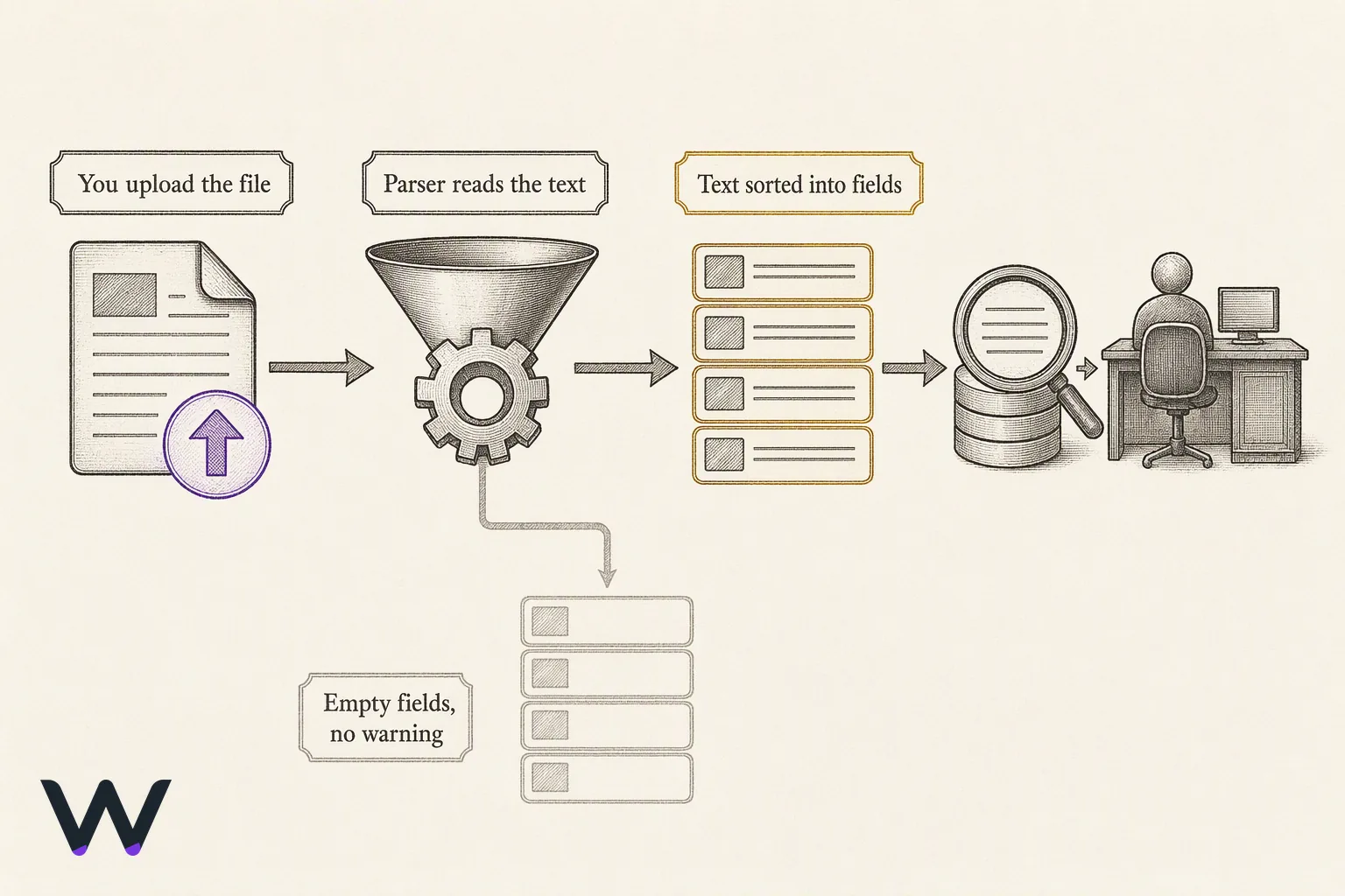 A left-to-right flow diagram: an uploaded resume file enters a parser, which splits its text into labelled fields that fill a searchable index, and only then reaches a recruiter; a branch off the parser shows fields left empty when the layout cannot be read.