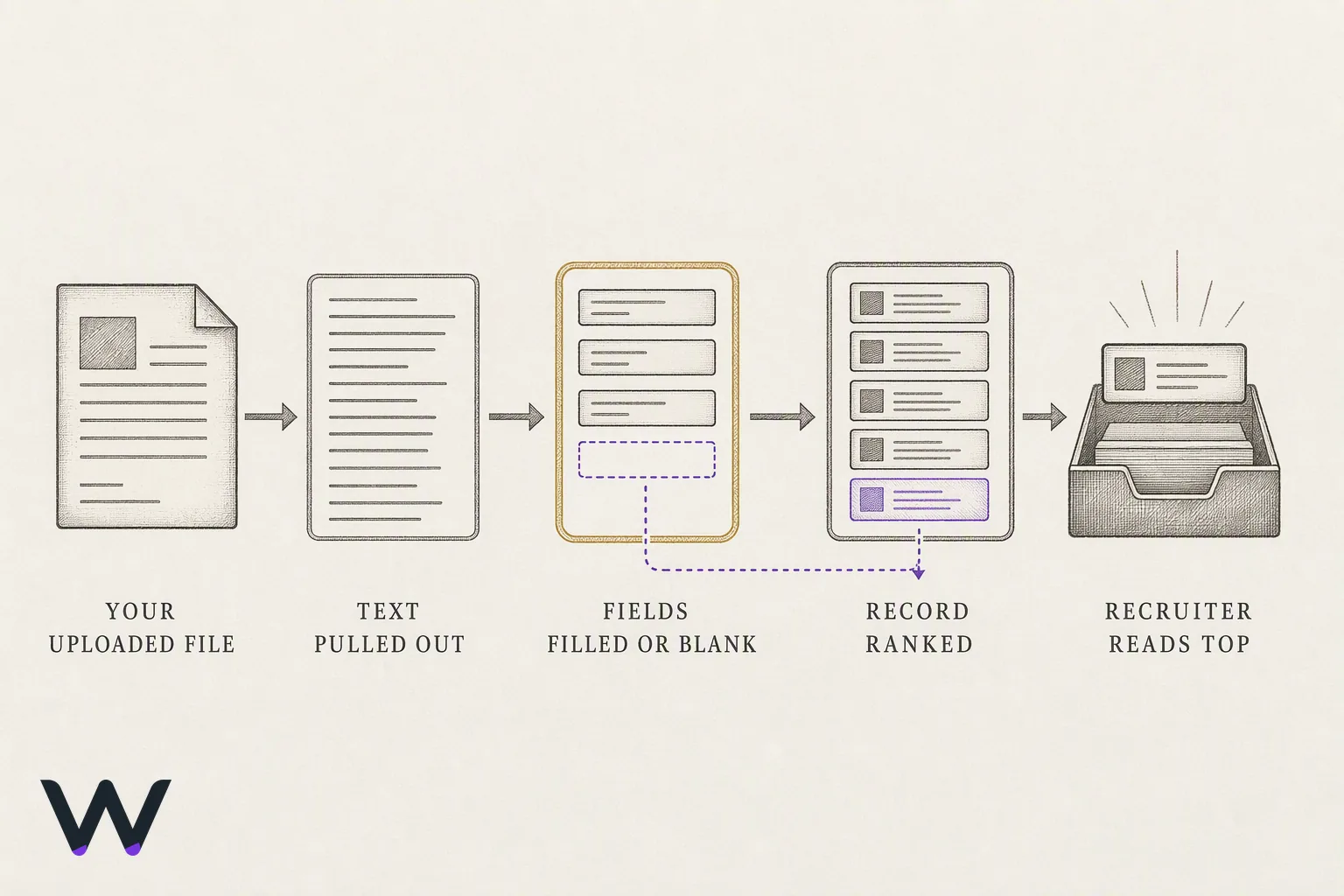 A left-to-right flow with five stages: an uploaded file, text extraction, a set of labelled field boxes for contact, work history, education and skills, a ranked list of candidate rows, and finally a recruiter reading the top of that list. One field box is drawn empty, and the row it feeds is shown falling to the bottom of the ranking.