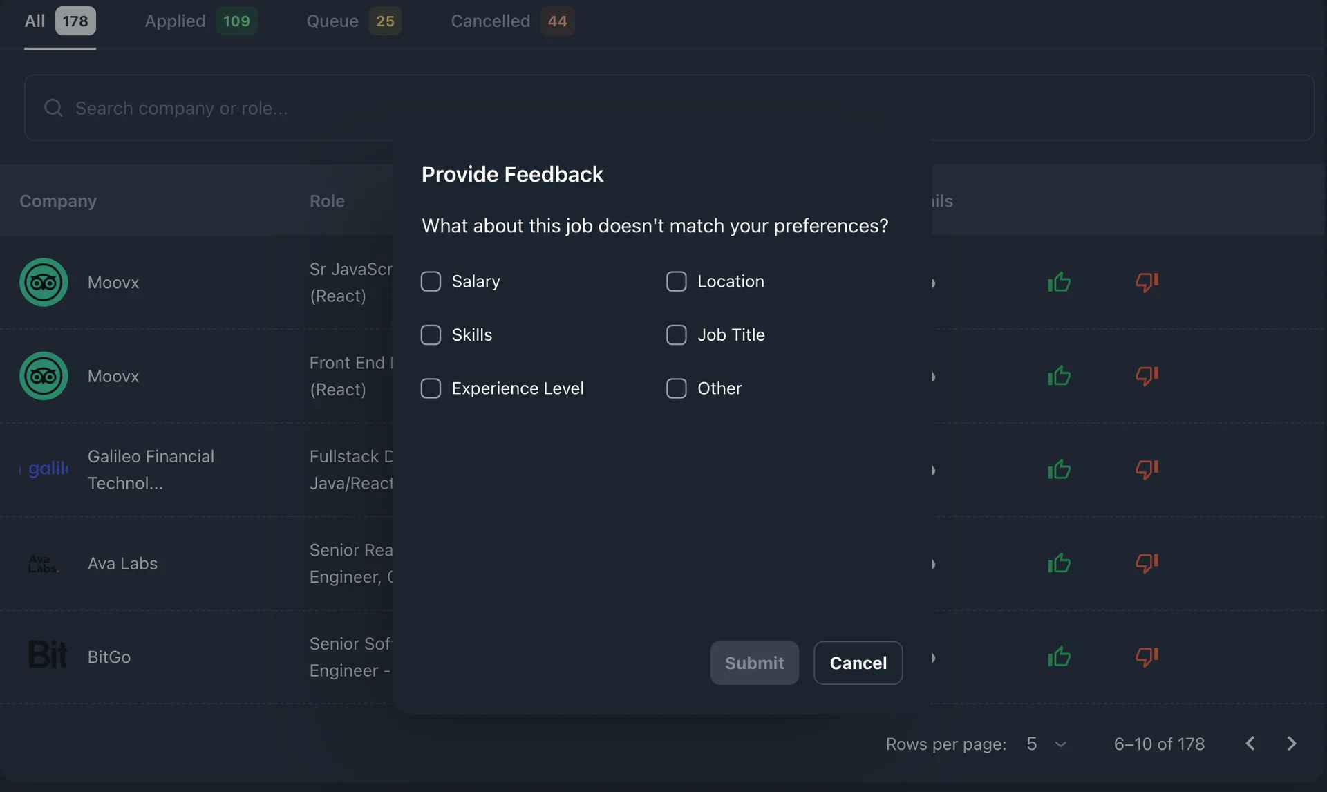 Wobo feedback popup interface showing thumbs up and down rating options for job matches