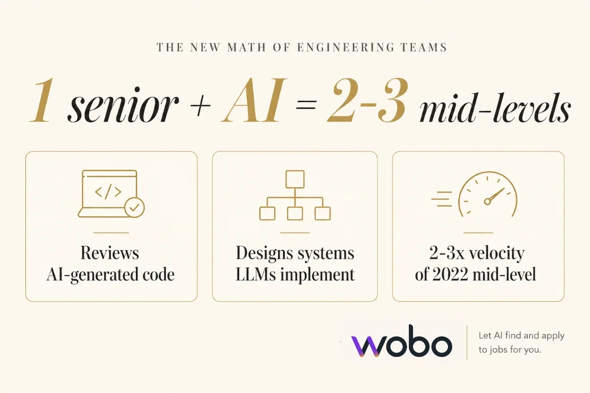 The new math of engineering teams — 1 senior plus AI equals 2 to 3 mid-levels, with senior engineers reviewing AI-generated code, designing systems LLMs implement, and shipping at 2-3x the velocity of 2022-era mid-level engineers