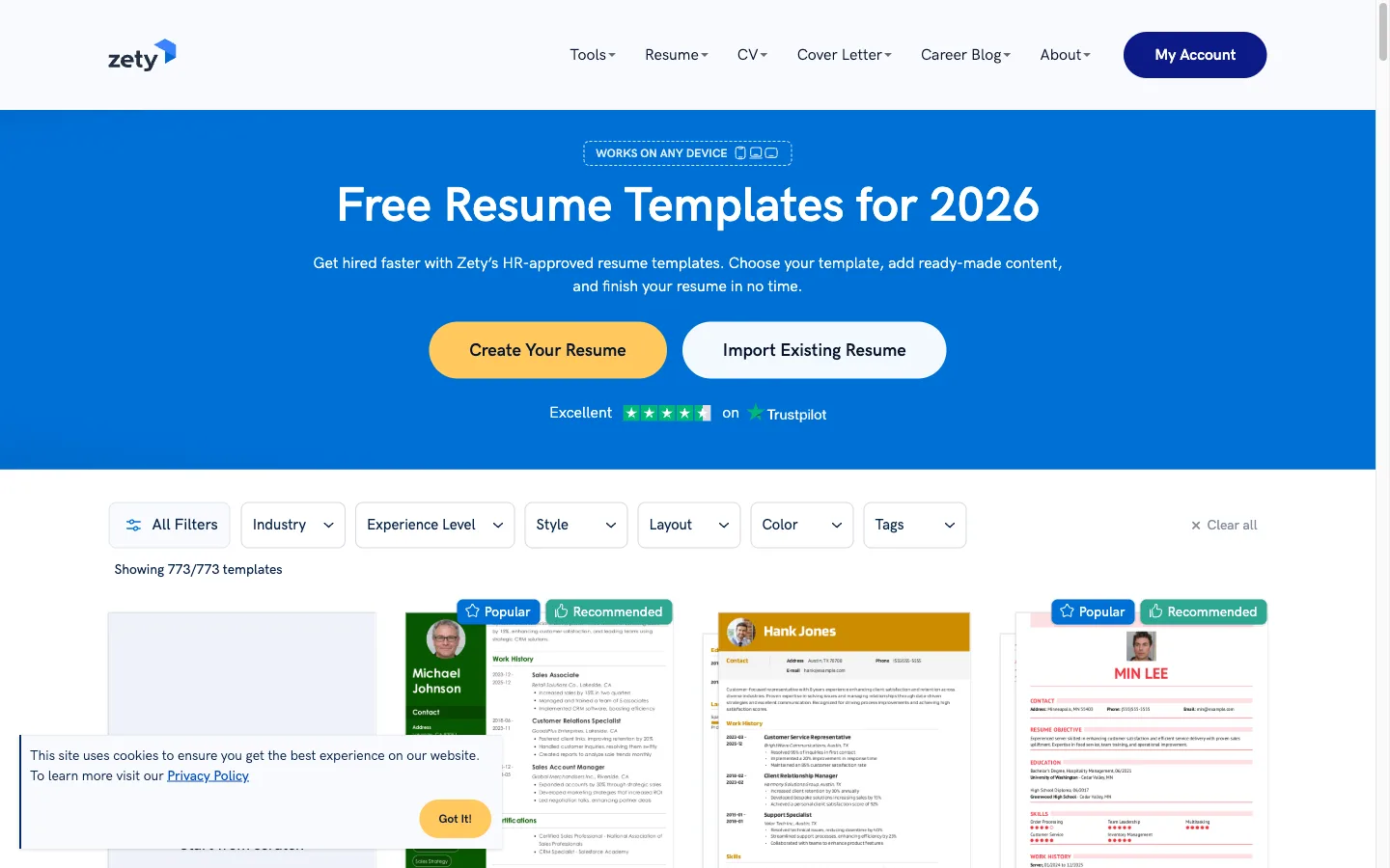Zety homepage advertising free resume templates and an AI-assisted builder