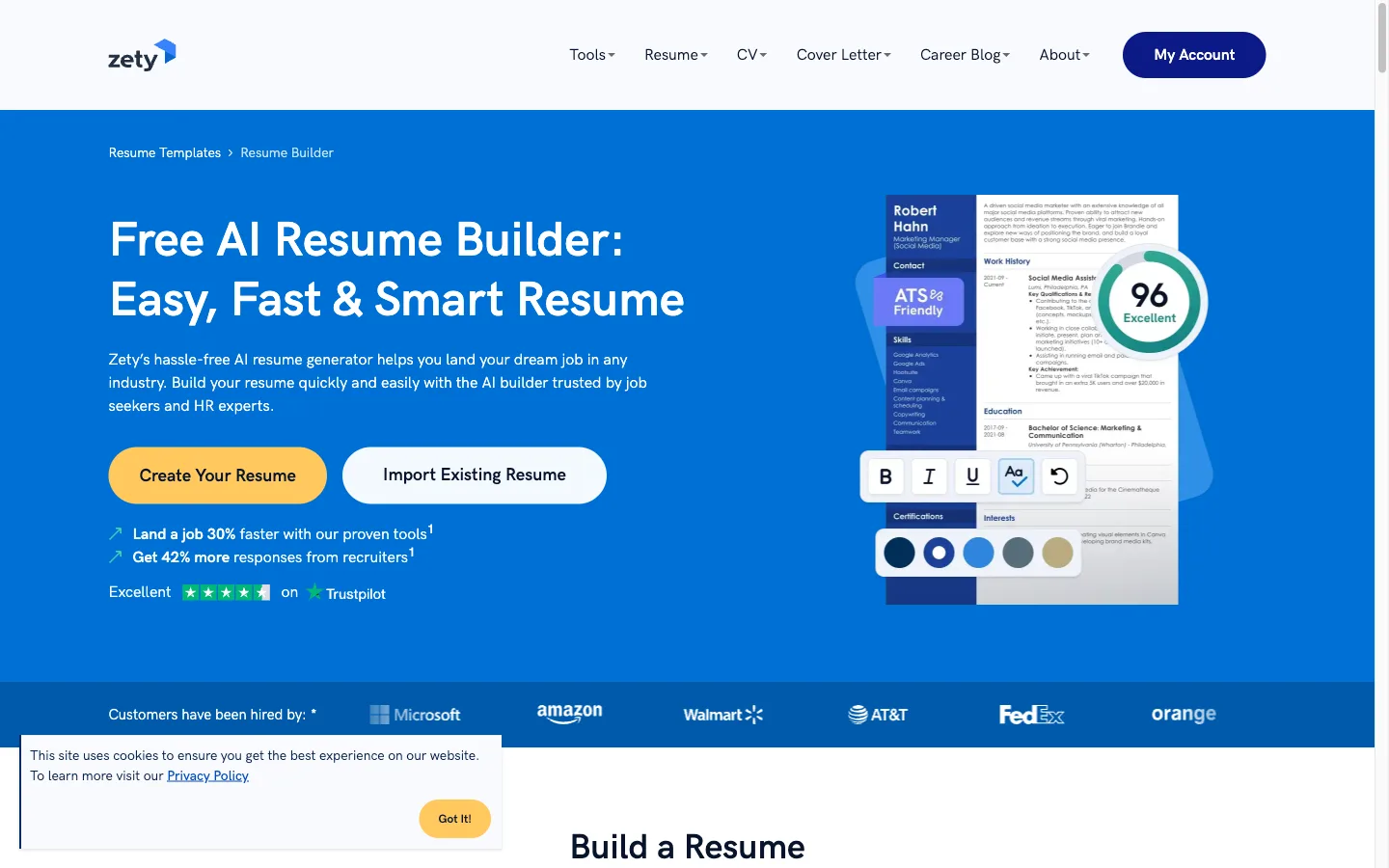 Zety AI resume builder marketing page advertised as a free tool for building resumes