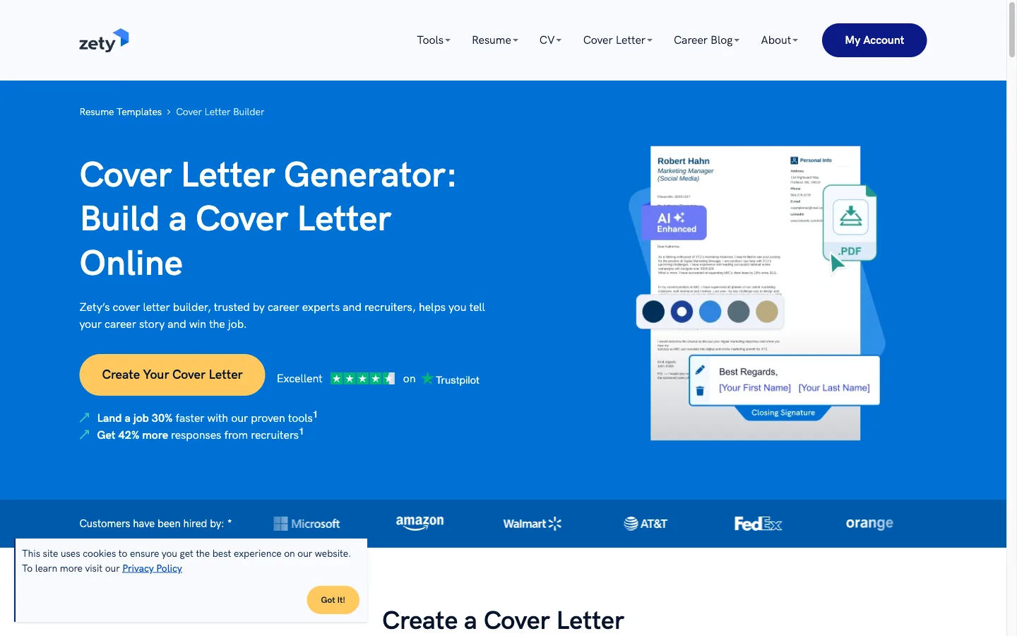 Zety cover letter generator page with templates matched to the resume design