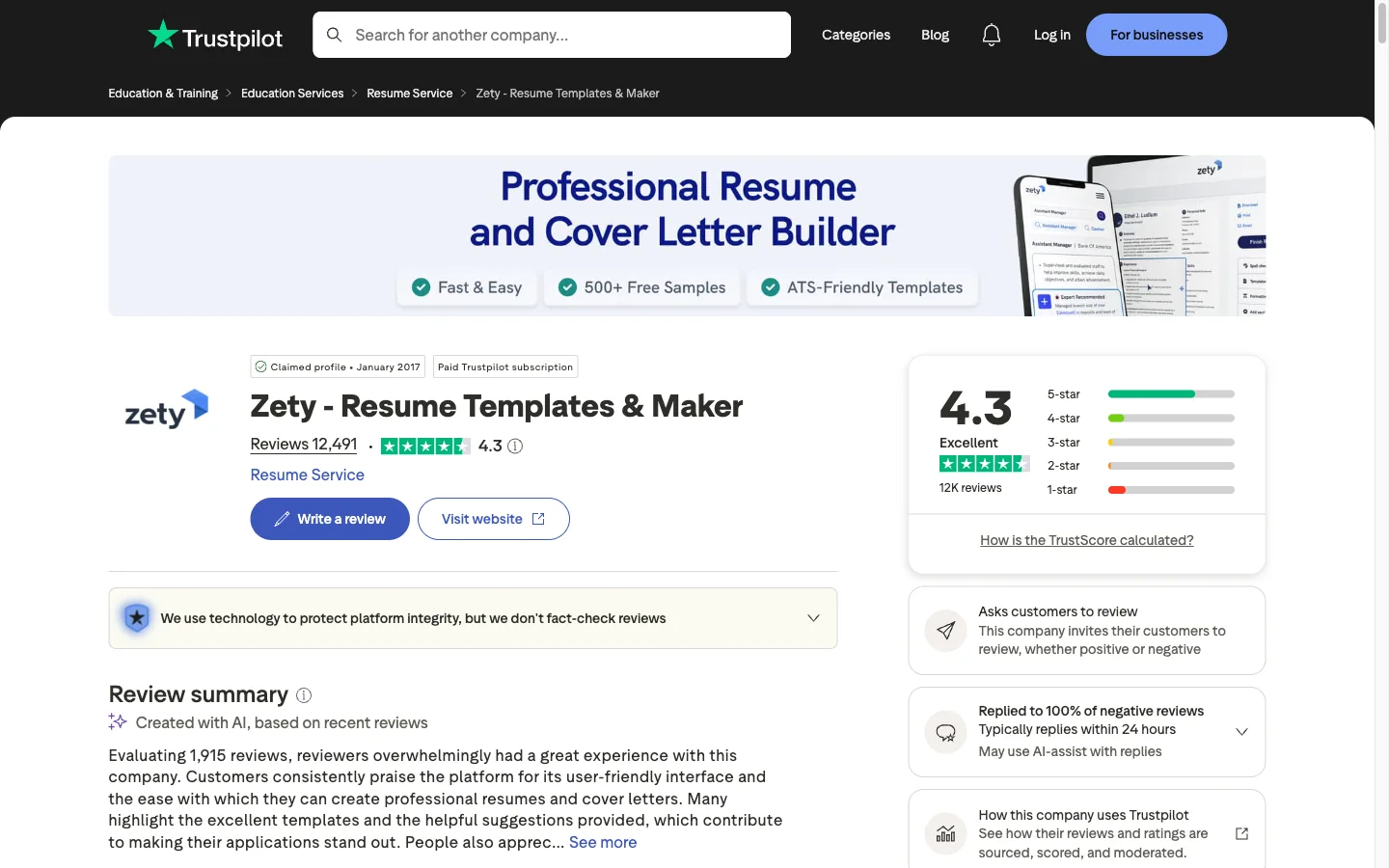 Trustpilot page for Zety showing a 4.3 rating from roughly 12,000 reviews
