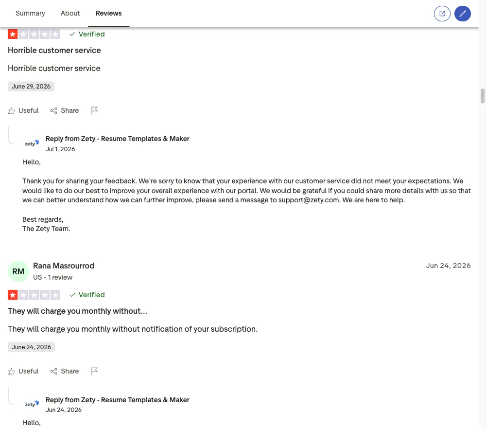 Trustpilot review screenshot showing Zety users complaining about being charged after cancelling their subscription