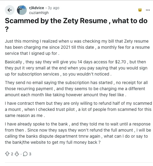 Reddit r/Advice thread titled Scammed by the Zety Resume, what to do, showing a user asking how to recover subscription charges