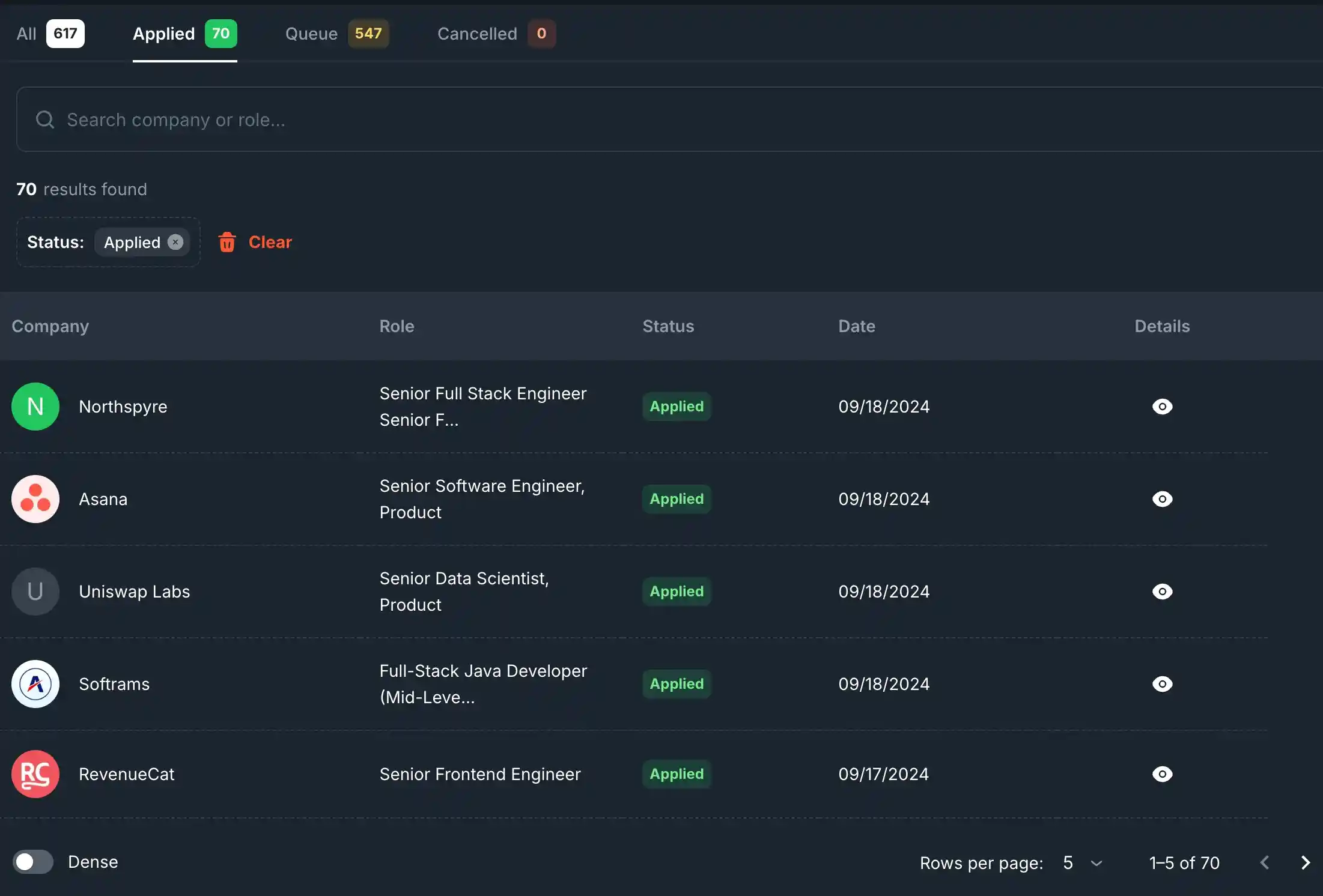 Job Search Histories page